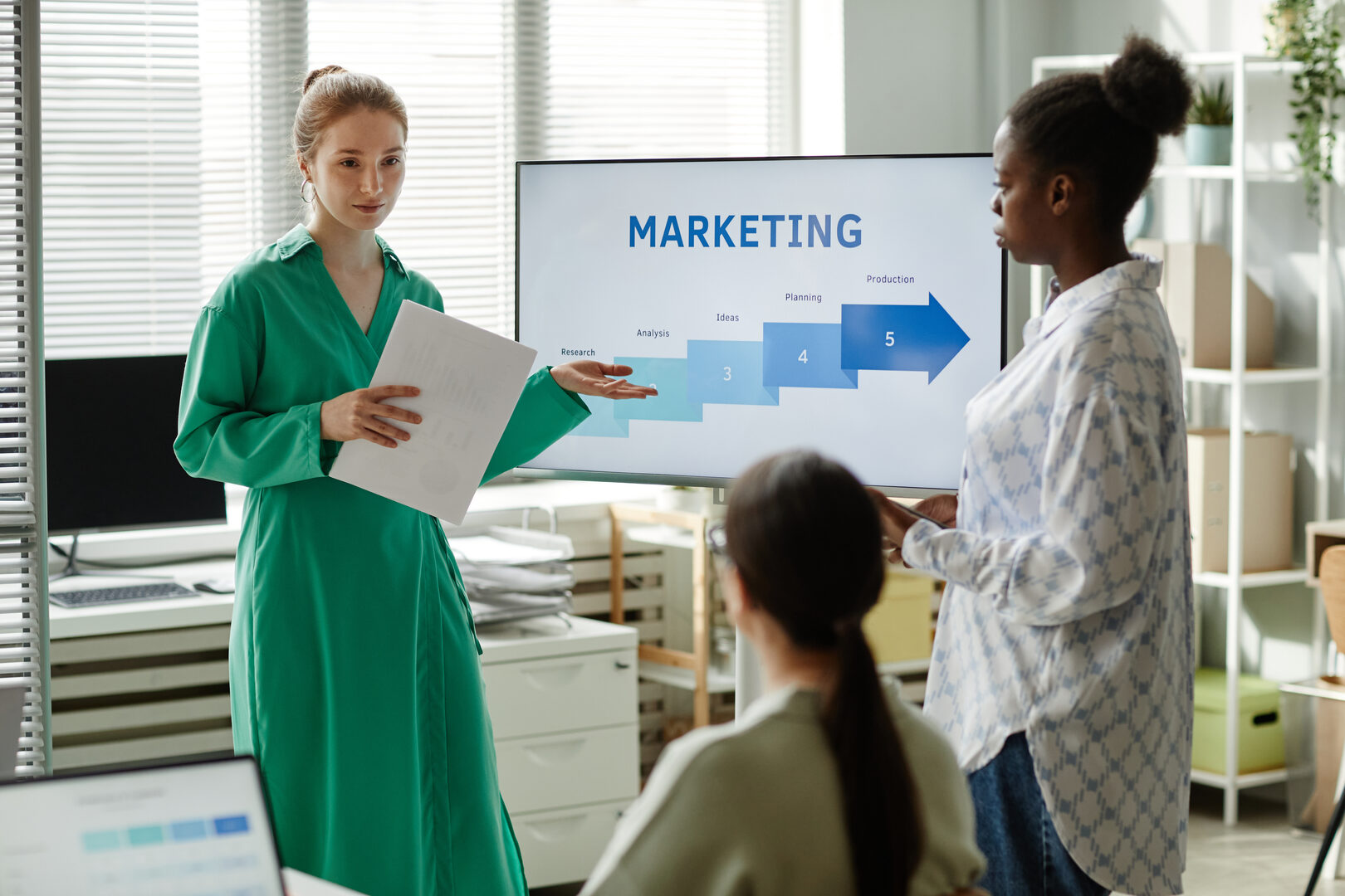 Woman presenting marketing strategy to team