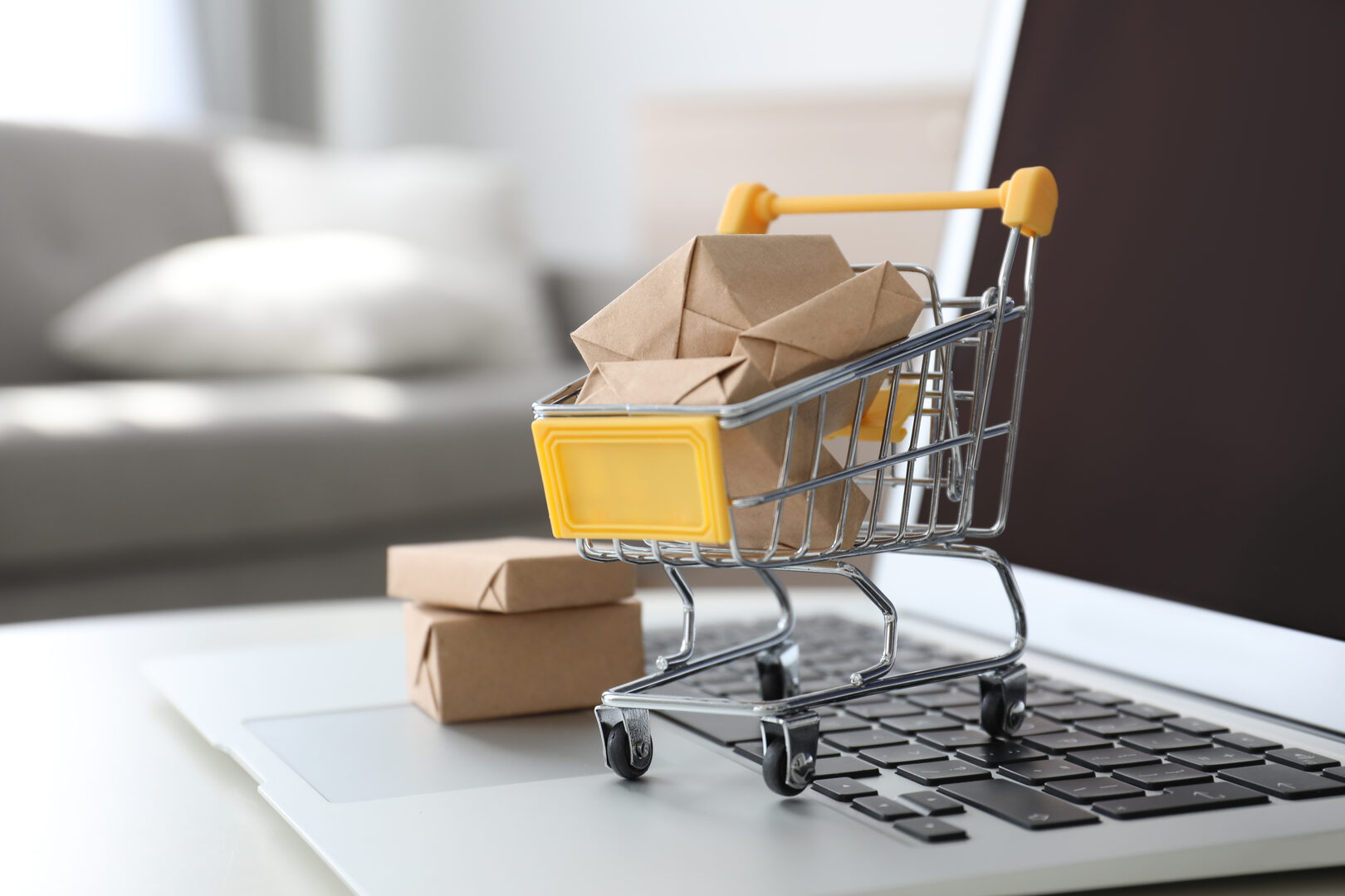 Small shopping cart with packages on laptop